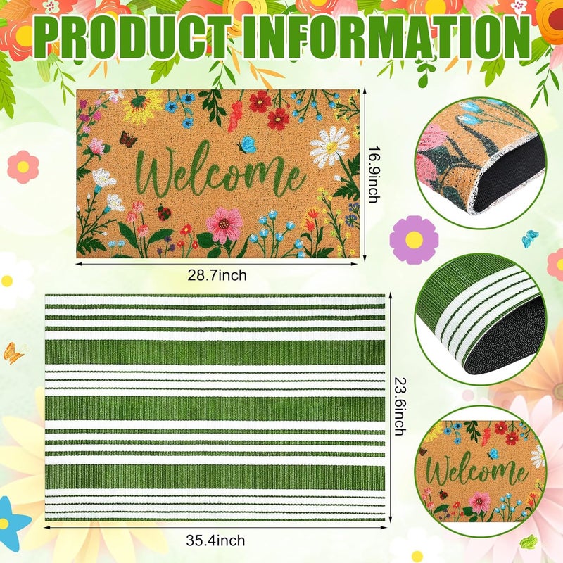Tinideya 2 Pcs Floral Welcome Doormat Flower Outdoor Welcome Mats for Front Door Non Slip Wildflower Coir Floor Mat Green White Stripe Layering Rug for Outside Front Porch Entryway Decor - Image 3